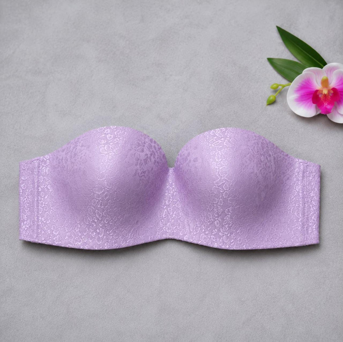 Ivory purple lace strapless push up bra with soft foam cups