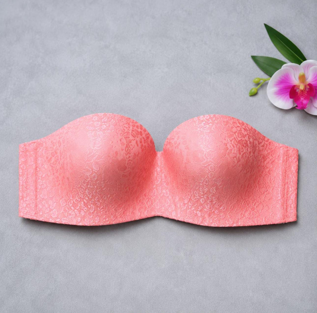 Pink lace strapless push up bra with soft foam cups