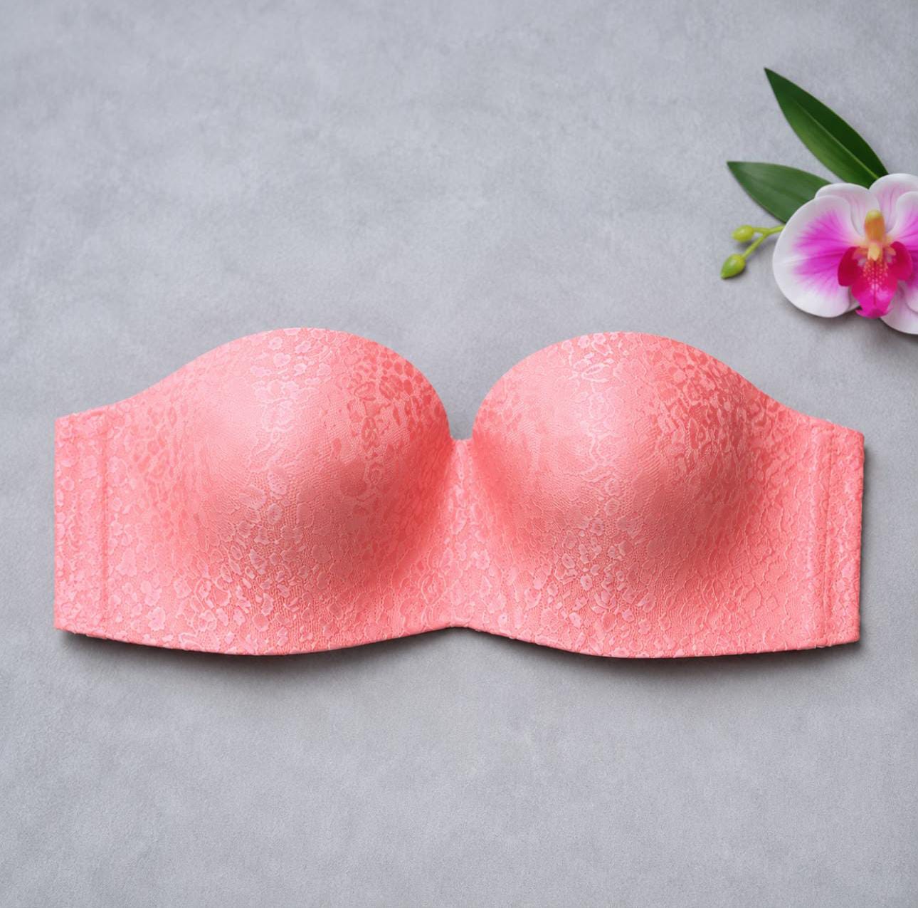 Pink lace strapless push up bra with soft foam cups