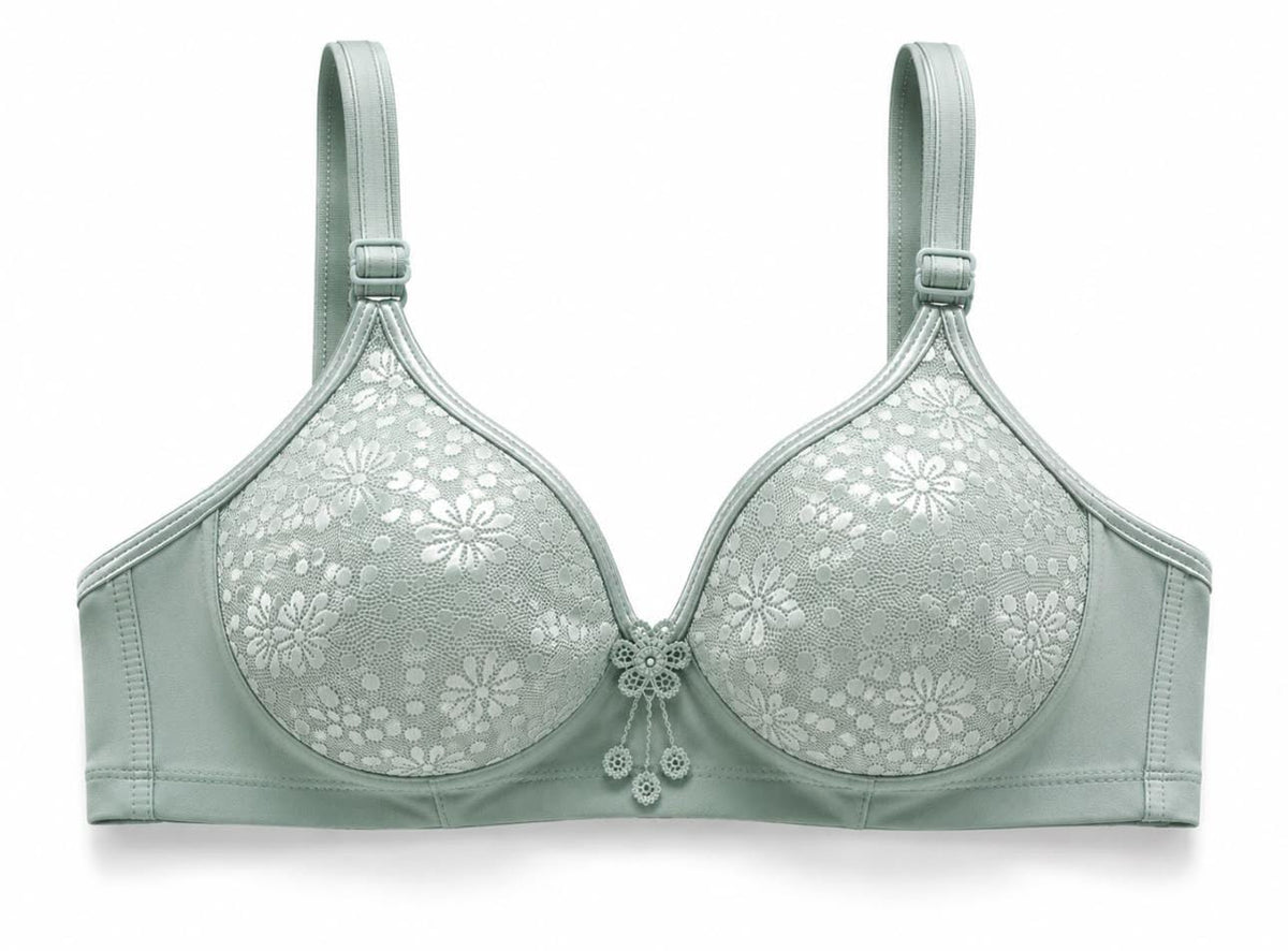 Teal wireless floral lace foam padded bra, close-up shot of the intricate lace detail.