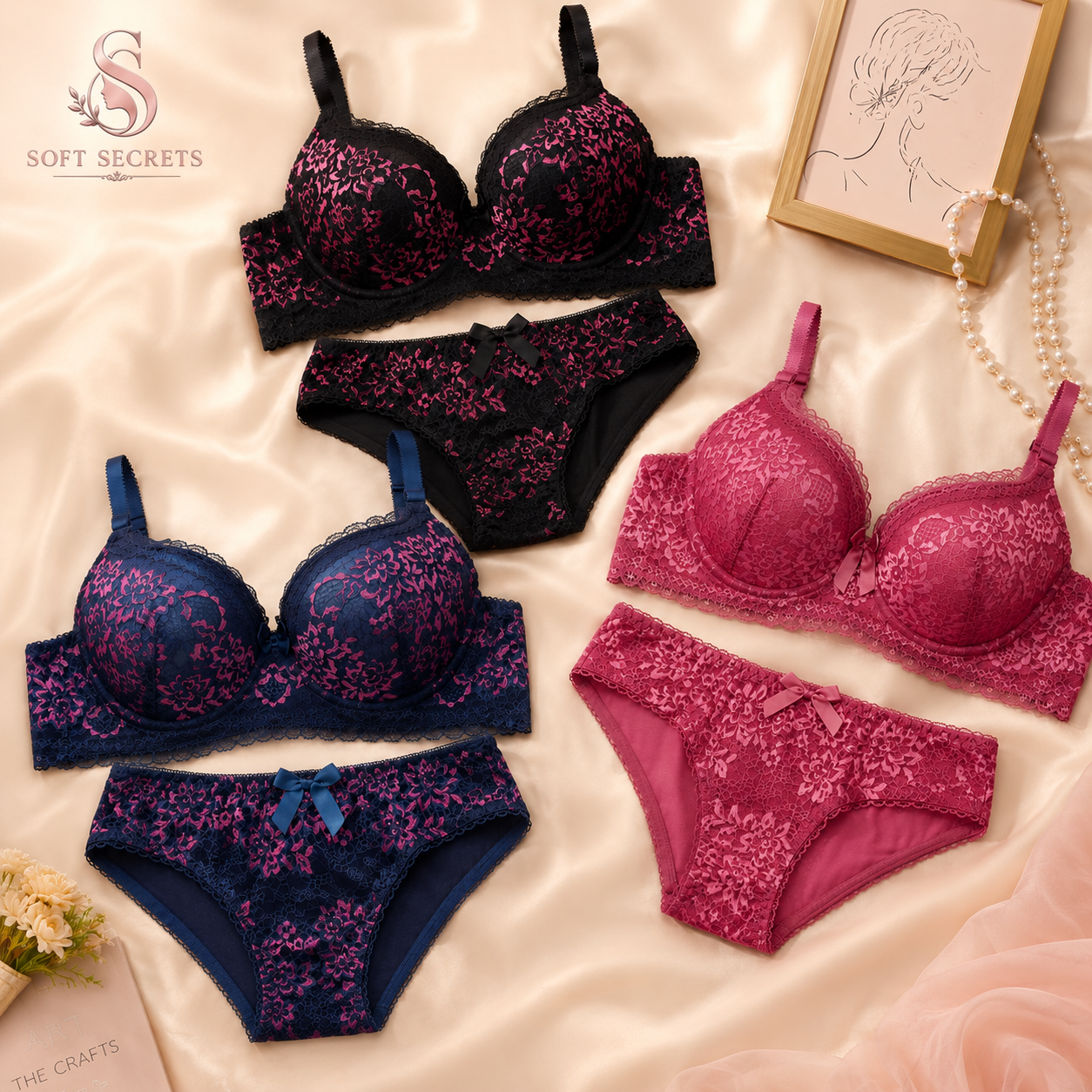 Women's luxury floral lace matching bra and underwear sets displayed in black, blue, and magenta on a satin background with elegant accessories.