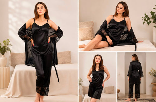 Black 5-piece satin nightwear set with lace robe, camisole, pants, shorts, and slip dress shown in multiple front, side, and back views.