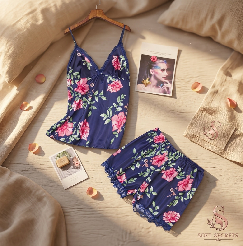 Flat lay of Soft Secrets blue floral silk sleepwear set with lace trim, camisole top, and matching shorts on a luxury bed.