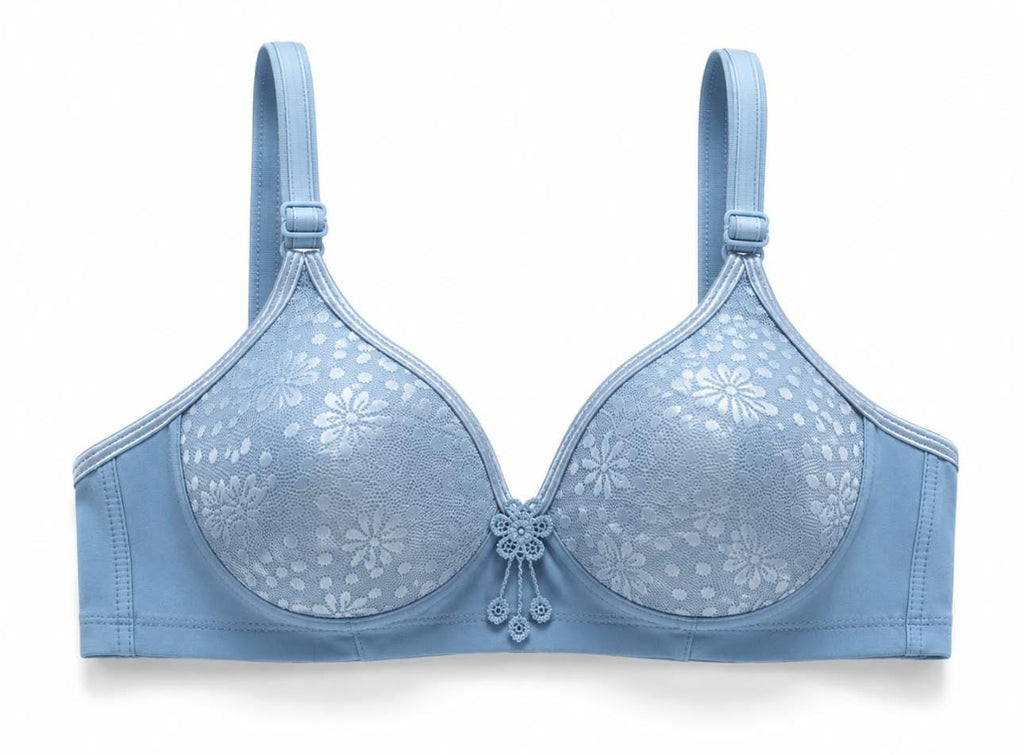 Blue padded wireless floral lace bra, highlighting its natural shape and invisible smooth finish.