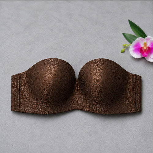 Brown lace strapless push up bra with soft foam cups