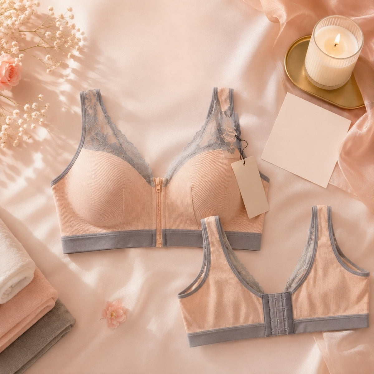 Soft Secrets skin-colored front-closure wireless bra featuring ribbed cotton fabric, delicate lace trim, and comfortable all-day design.