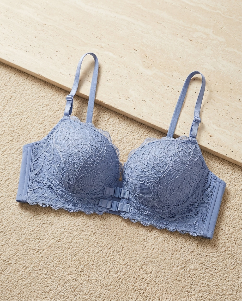 Fancy light padded front-open bra in light blue