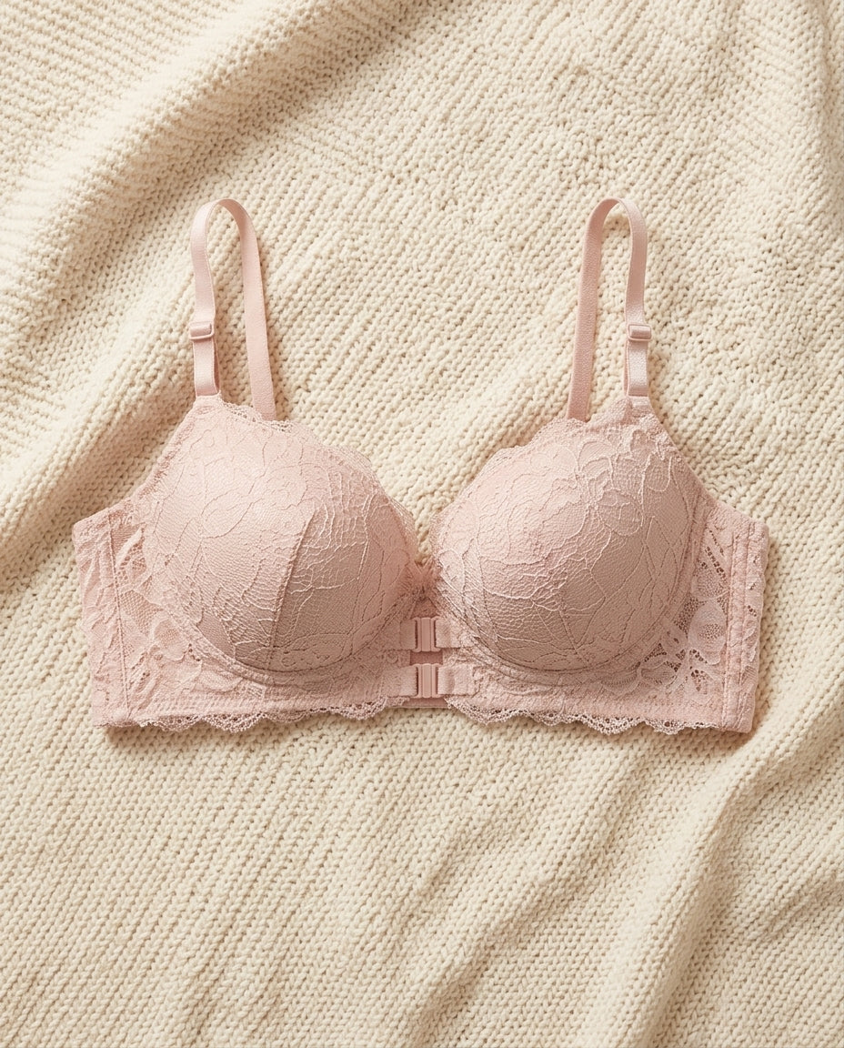 Fancy light padded front-open bra in pink