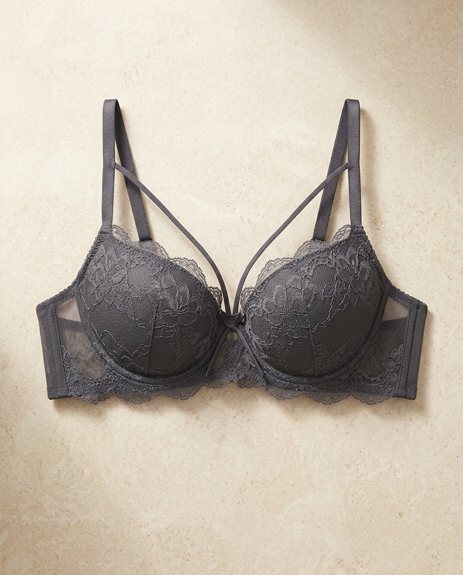 Charcoal grey light padded fancy bra with floral lace and net detailing