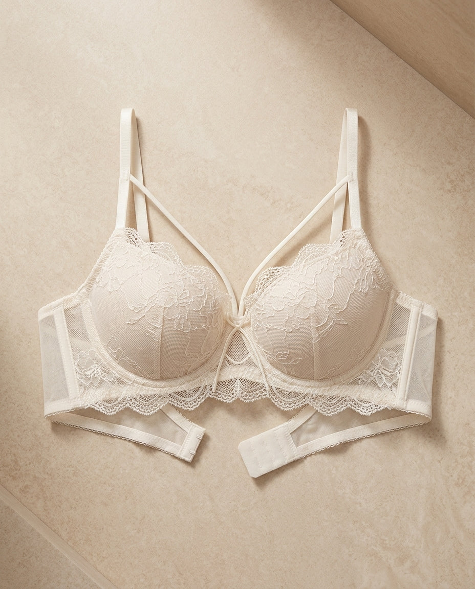 Ivory light padded fancy bra with floral lace and net detailing