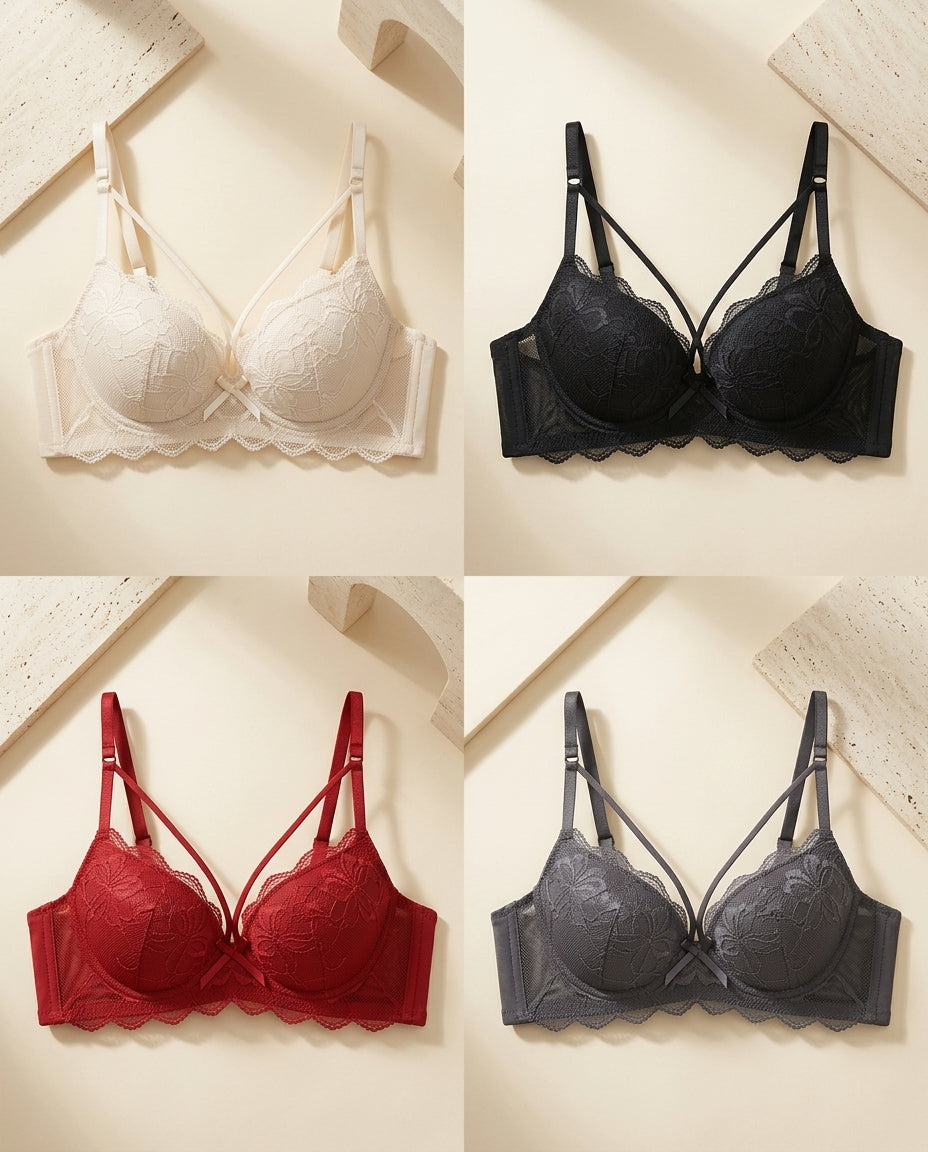 Light padded fancy bra in ivory black red and charcoal grey with floral lace and net detailing