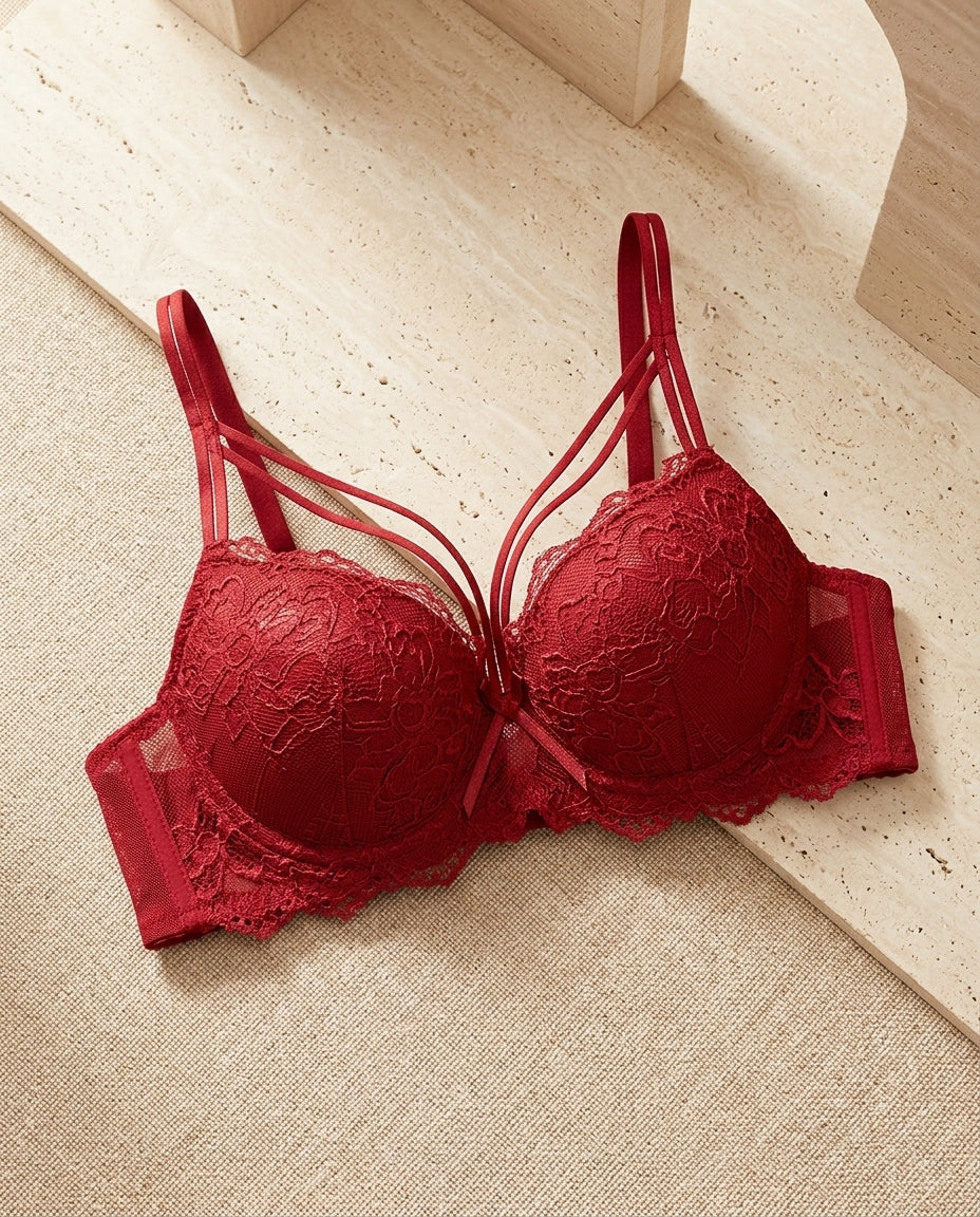 Red light padded fancy bra with floral lace and net detailing