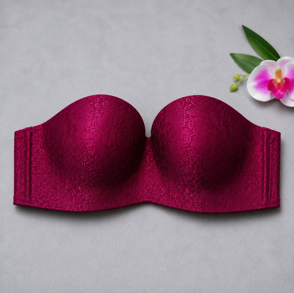 Magenta lace strapless push up bra with soft foam cups