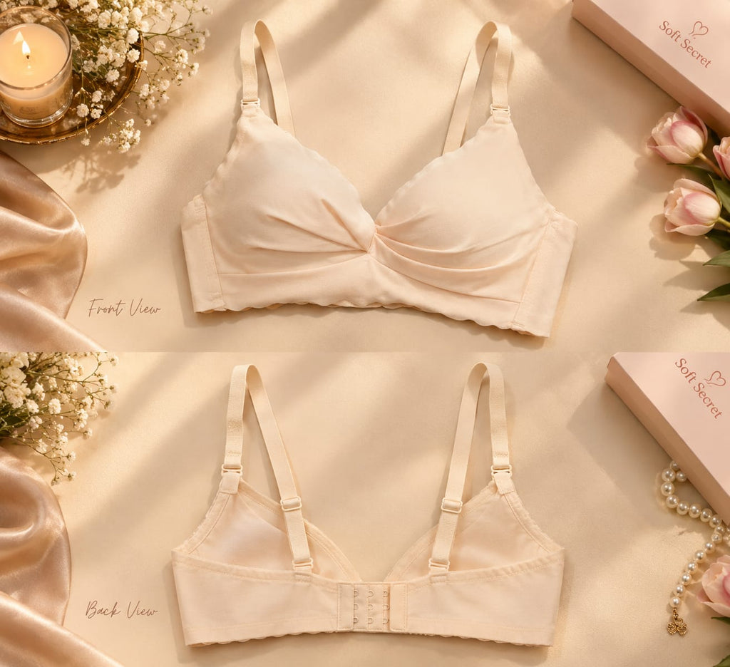 Soft Secret nude push-up bra featuring front view with center twist and back view with adjustable straps.