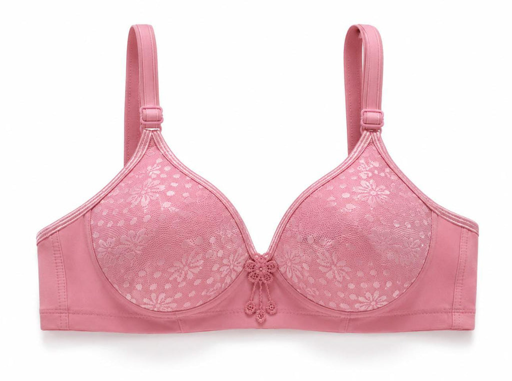 Ppink wireless floral lace foam bra showing its soft padded shape and textured lace pattern.