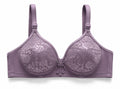 Purple wireless floral lace foam bra showing its soft padded shape and textured lace pattern.