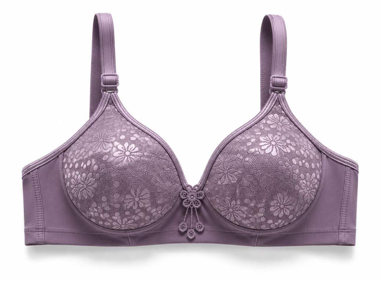 Purple wireless floral lace foam bra showing its soft padded shape and textured lace pattern.
