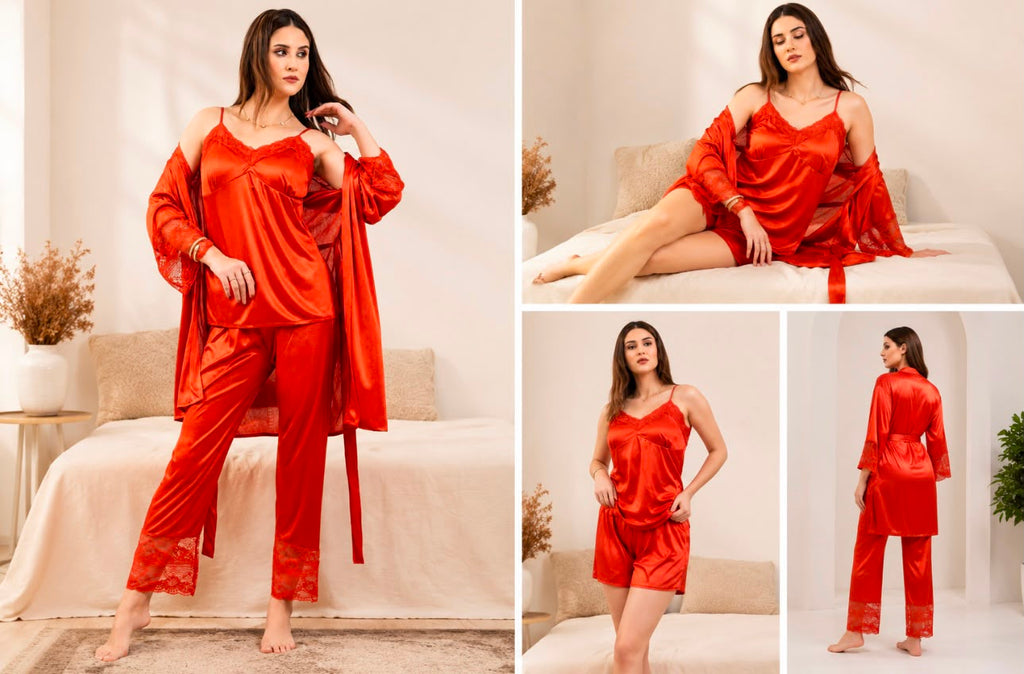 Red 5-piece satin nightwear set with lace robe, camisole, pants, shorts, and slip dress shown in front, side, and back views.