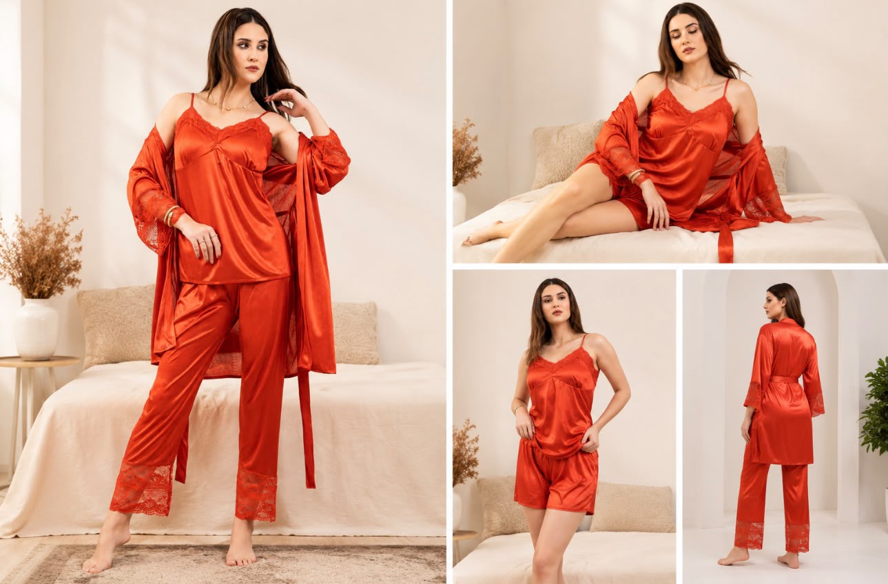 Red 5-piece satin nightwear set with lace robe, camisole, pants, shorts, and slip dress shown in front, side, and back views.