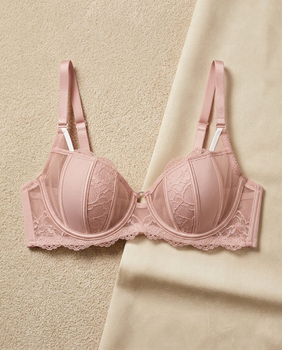 Pnk ring underwire net bra with short cup and center ring detail