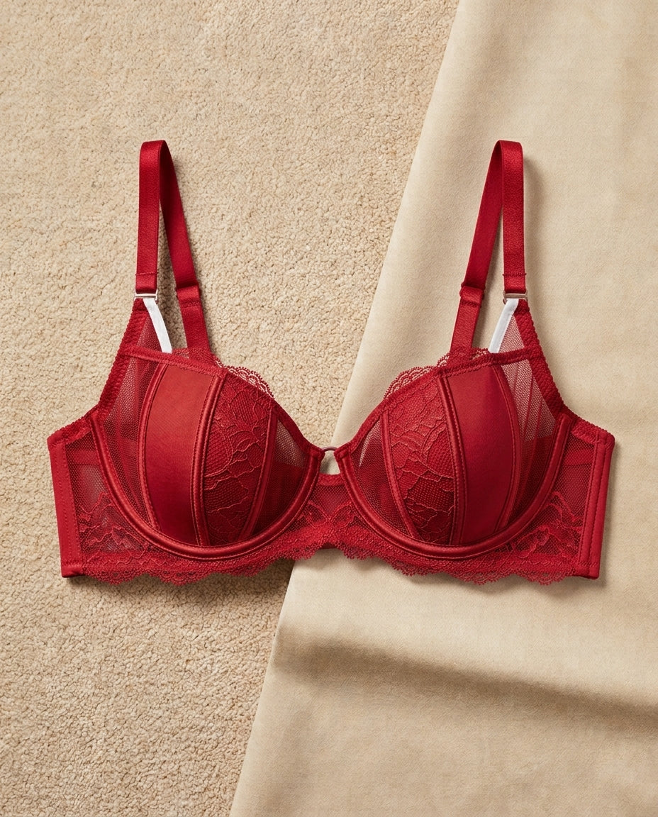Red ring underwire net bra with short cup and center ring detail