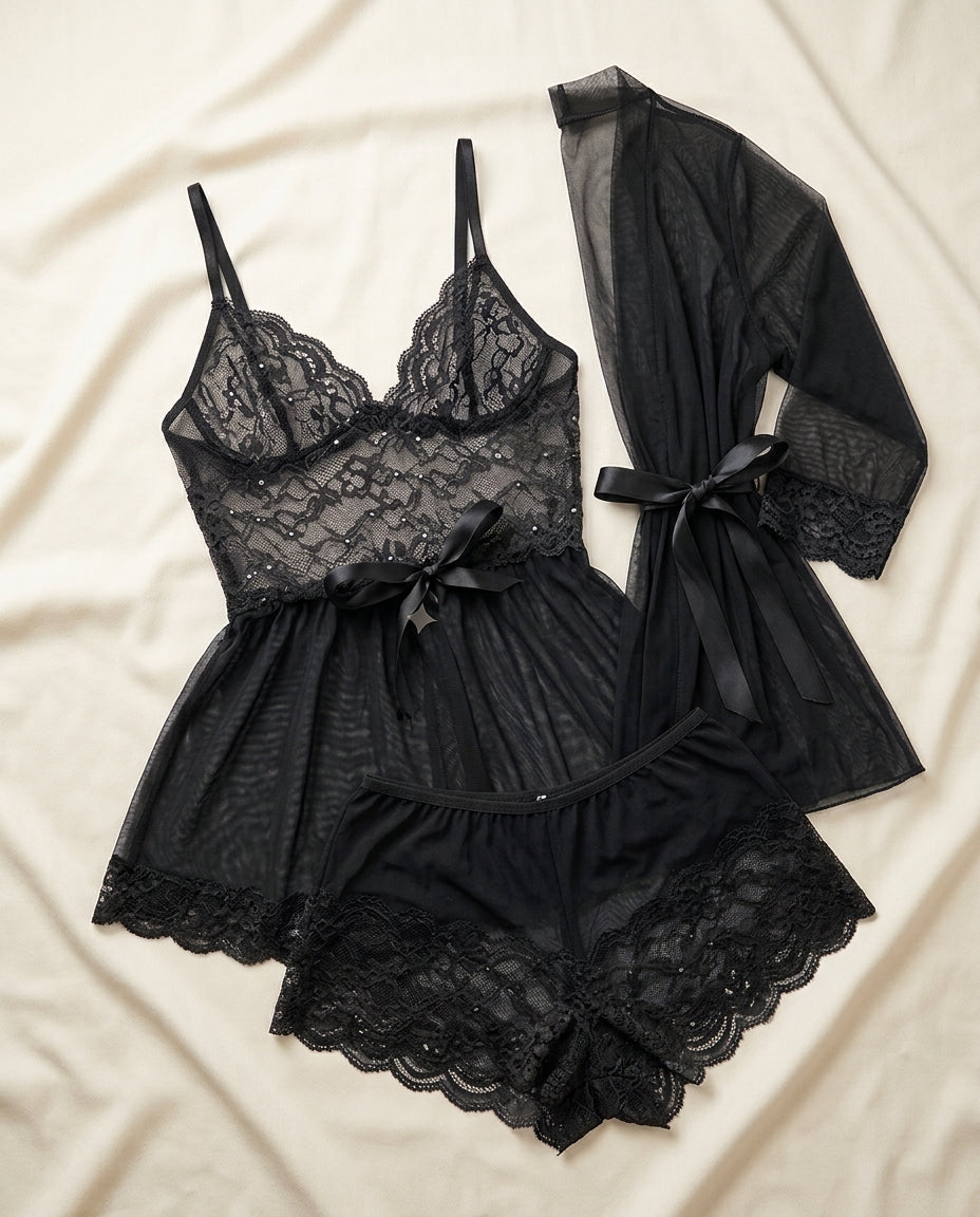 Silky Nights 2-piece baby doll nightwear set in black with lace detailing