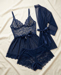 Silky Nights 2-piece baby doll nightwear set in navy blue with lace detailing