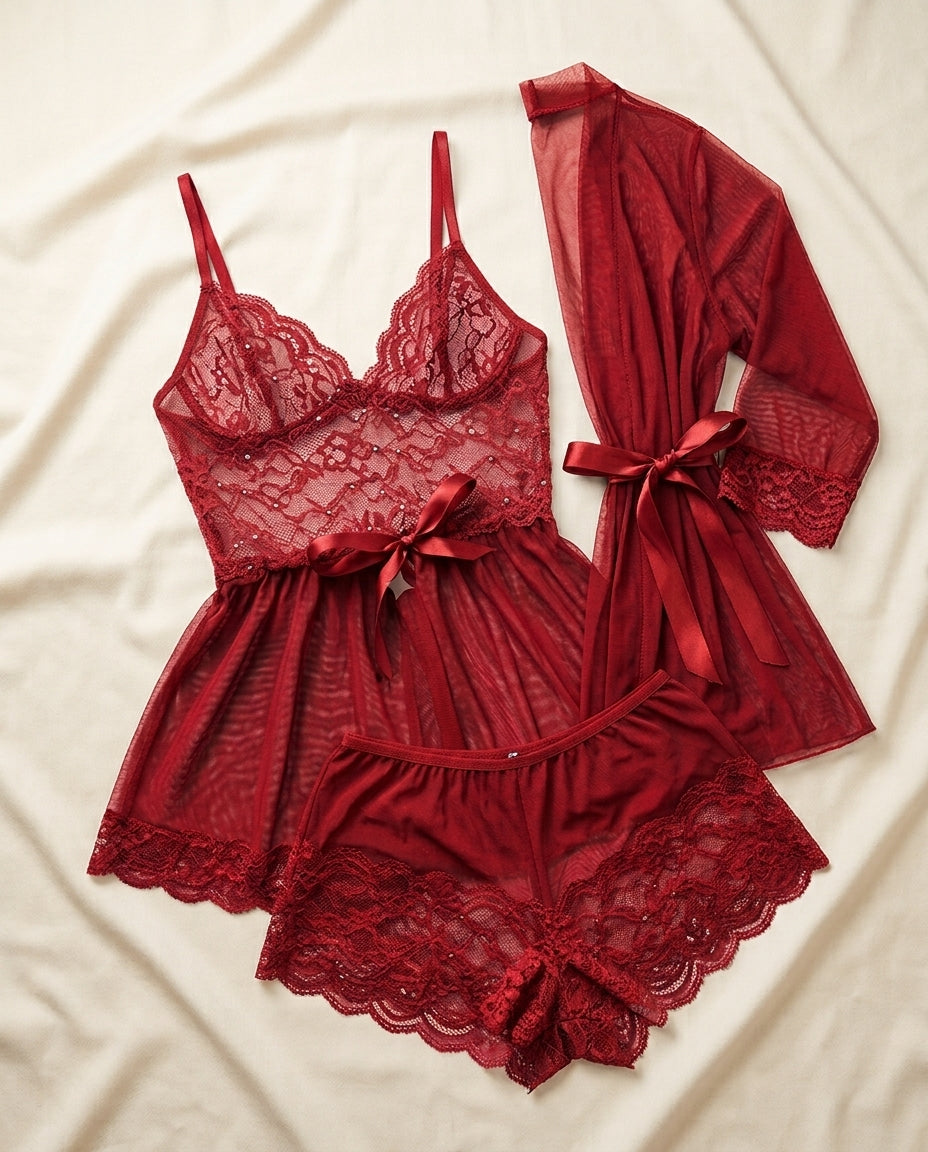 Silky Nights 2-piece baby doll nightwear set in red with lace detailing