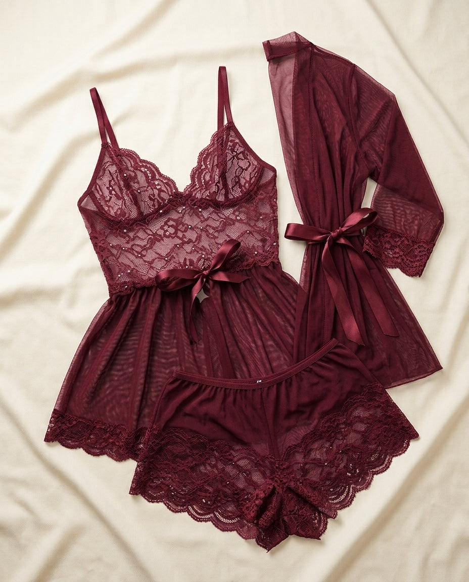 Silky Nights 2-piece baby doll nightwear set in wine with lace detailing