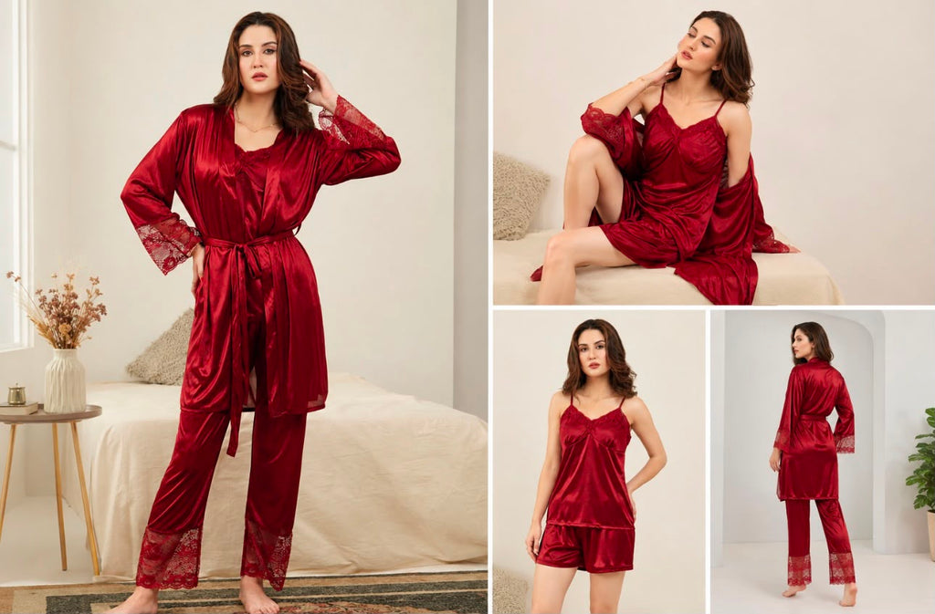 Wine red 5-piece satin nightwear set with lace-trim robe, camisole, pants, shorts, and slip dress in multiple product views.