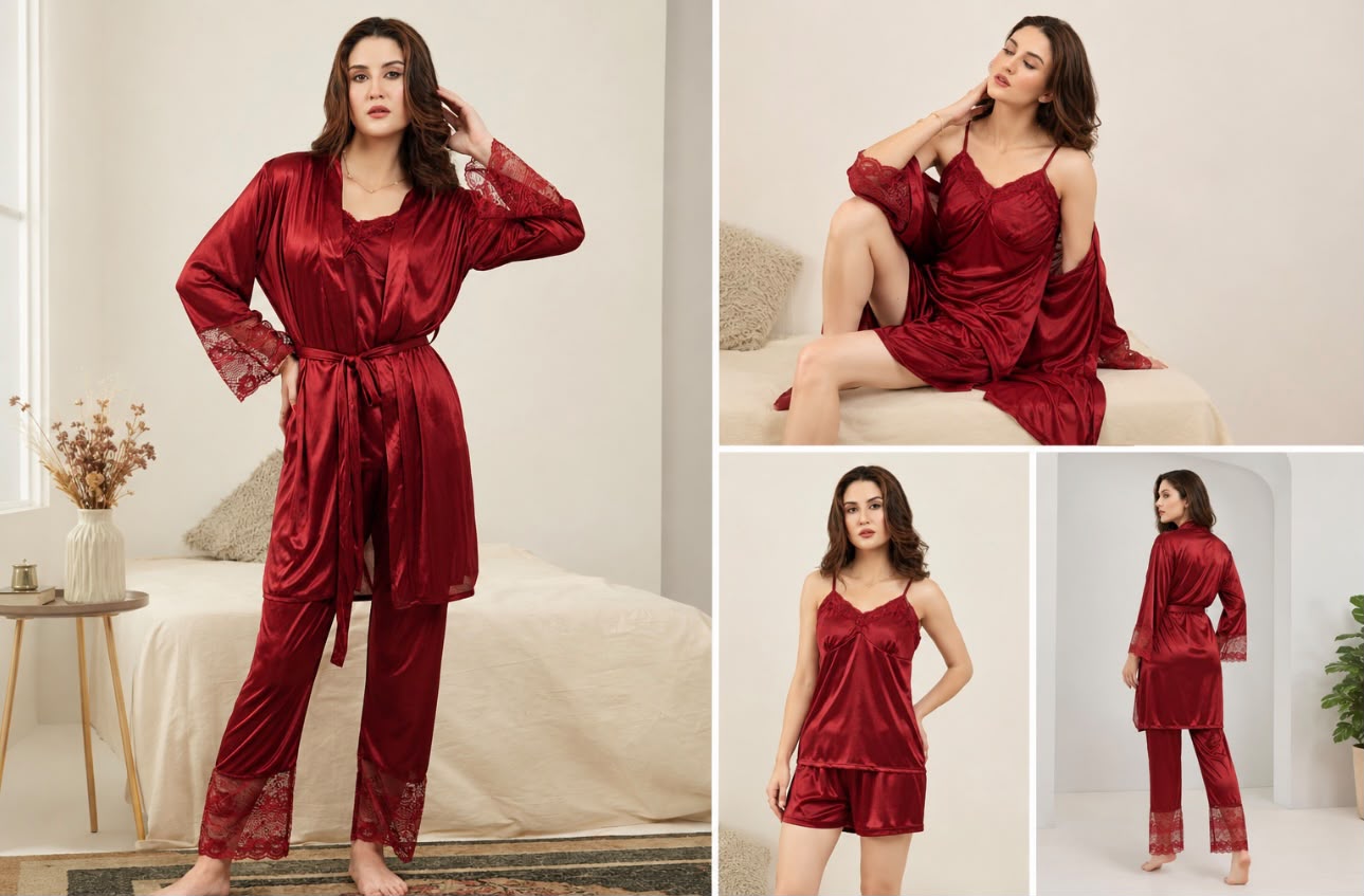 Wine red 5-piece satin nightwear set with lace-trim robe, camisole, pants, shorts, and slip dress in multiple product views.